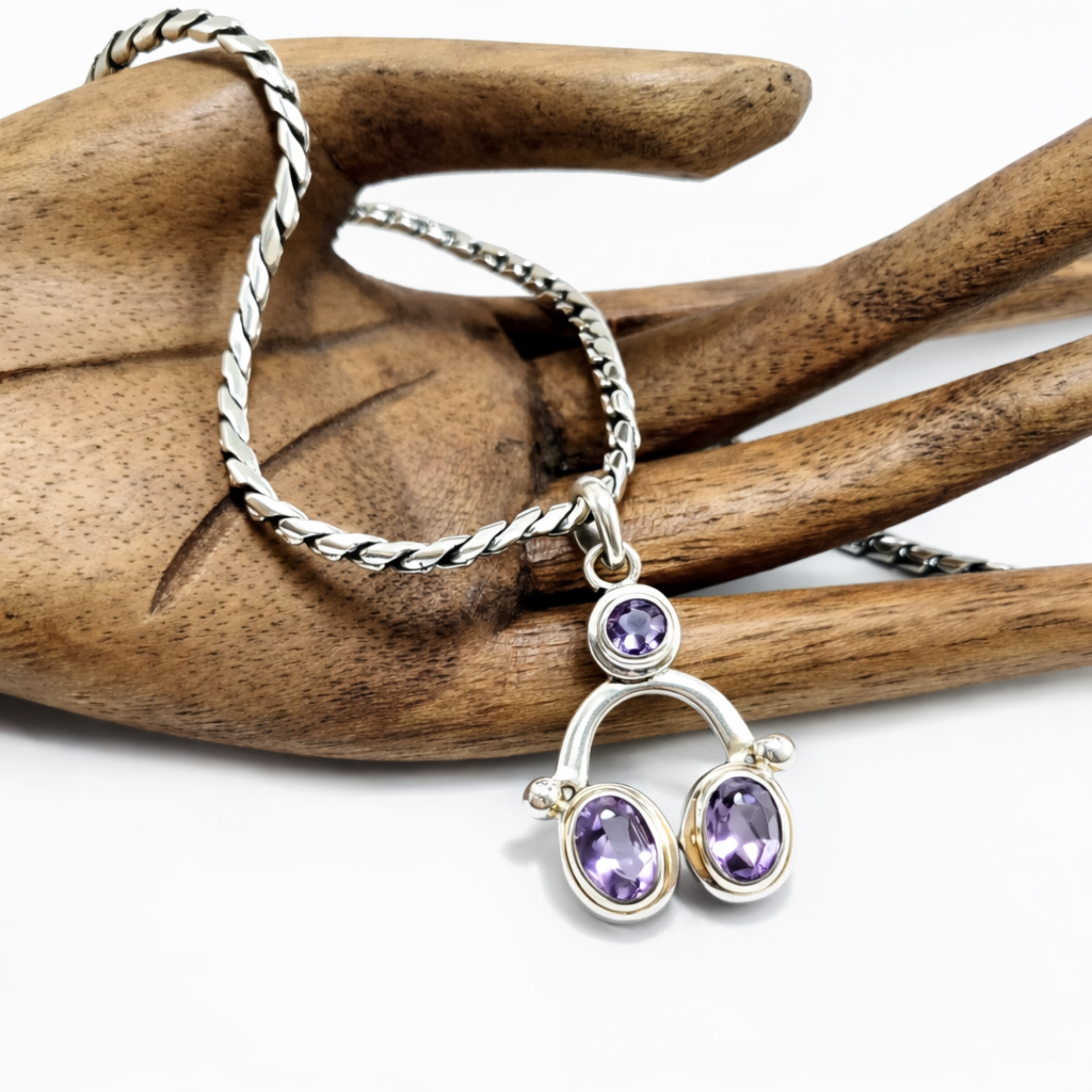 Minimalist handmade silver pendant with natural amethyst stones, pendant only