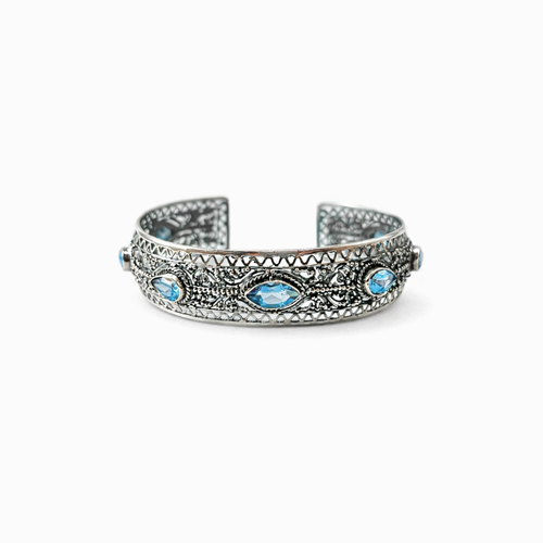 Handmade 925 sterling silver cuff bracelet with natural blue topaz stones