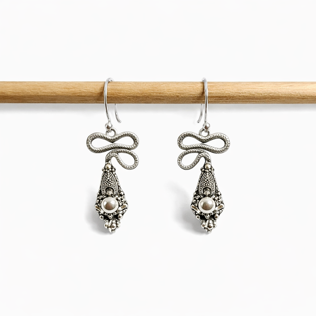 Handmade 925 sterling silver dragon-inspired drop earrings with black oxide finish