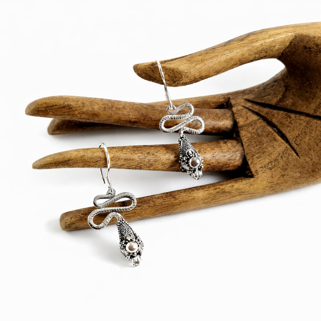 Artisan silver dragon drop earrings handcrafted from 925 sterling silver