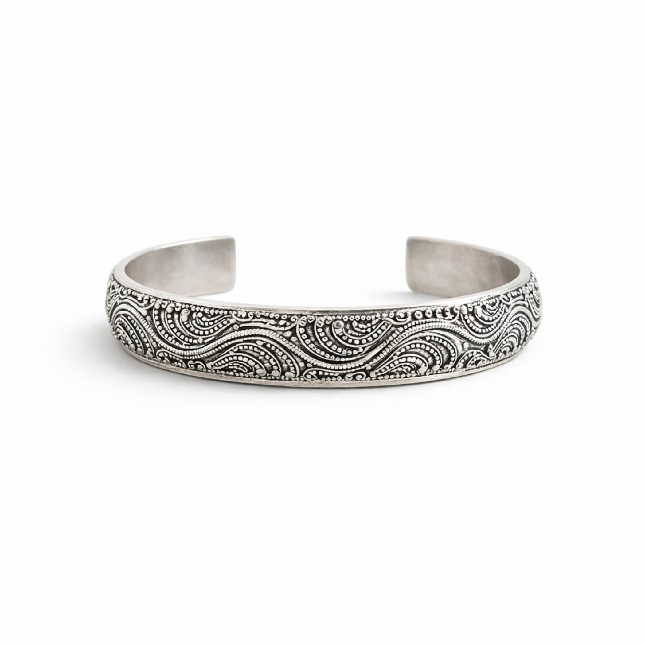 Handmade 925 sterling silver cuff bracelet with flowing wave pattern and black oxide finish