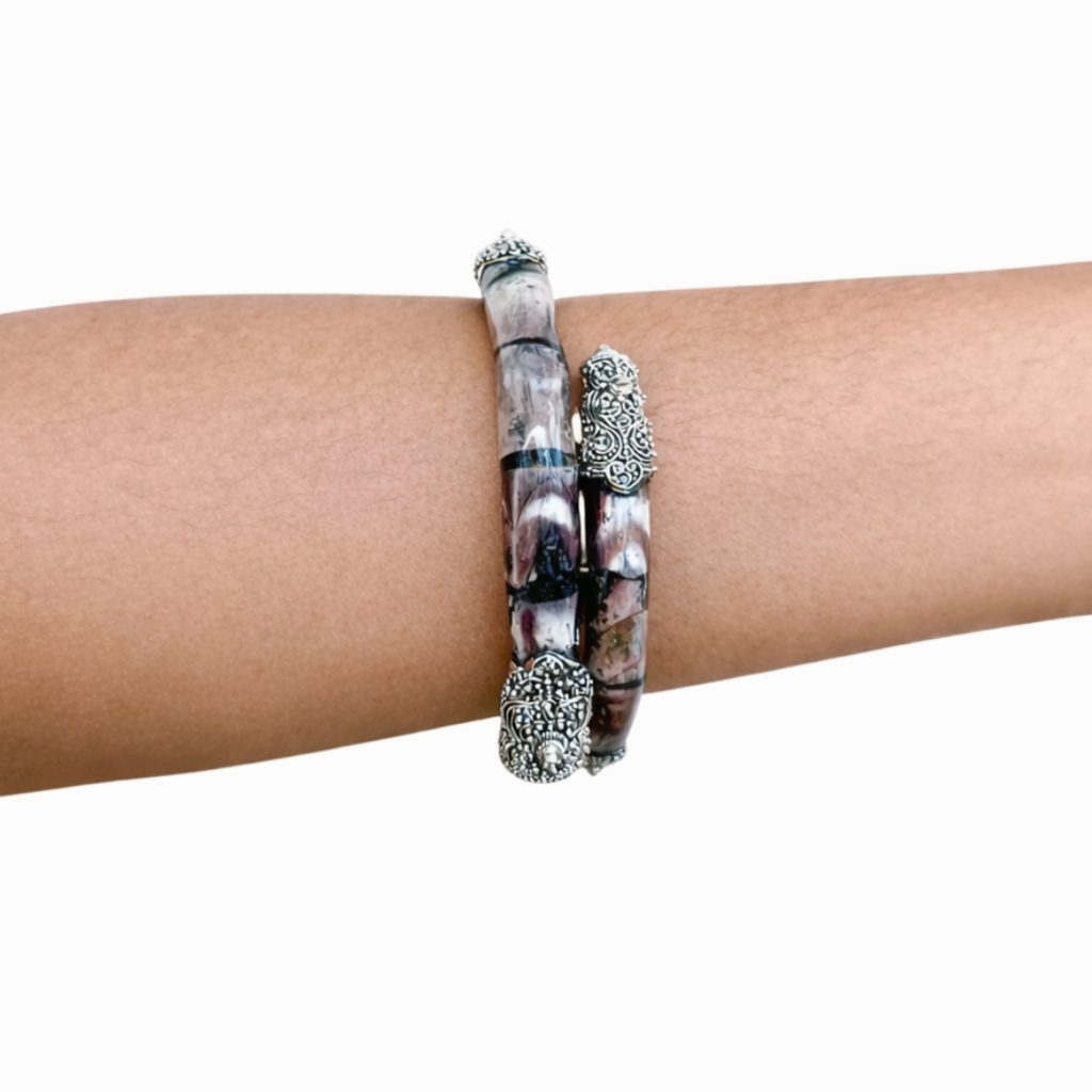 Ethnic artisan bracelet combining akar bahar wood and sterling silver