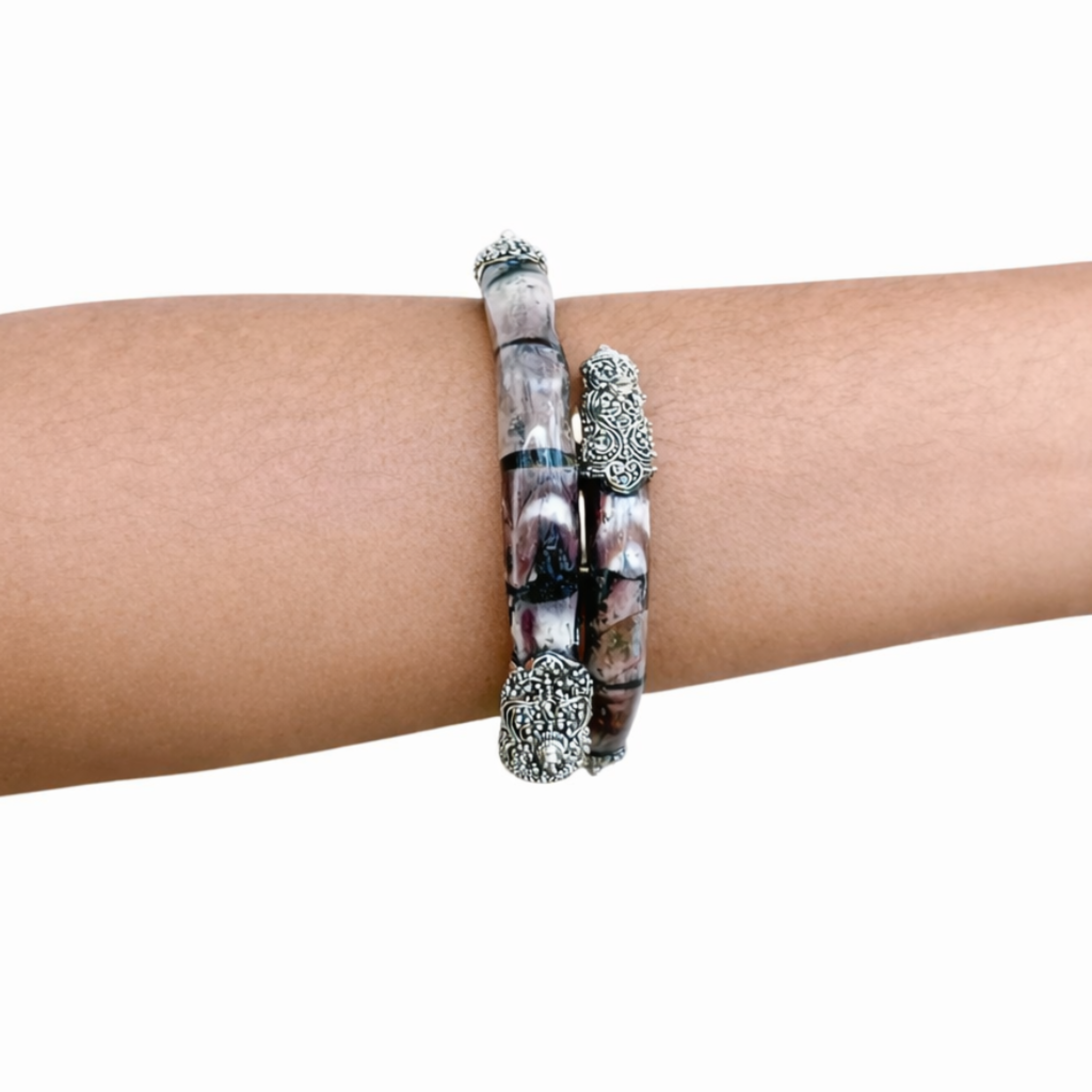 Ethnic artisan bracelet combining akar bahar wood and sterling silver