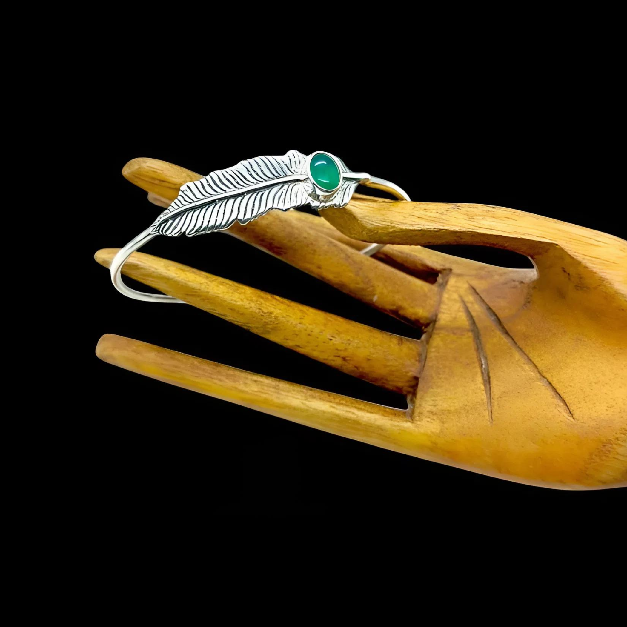 Handmade 925 sterling silver feather bracelet with amethyst and green agate stones, black oxide finish