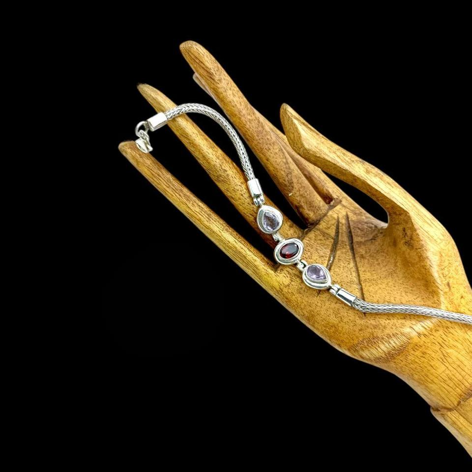 Handmade 925 sterling silver bracelet with amethyst and garnet stones, black oxide finish, artisan gemstone jewelry