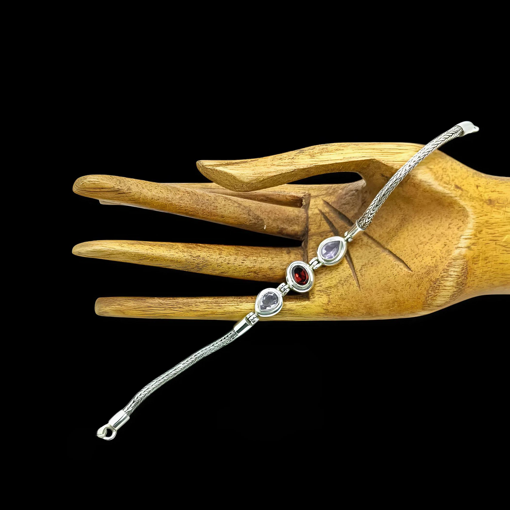 Artisan 925 silver bracelet with dual gemstones, amethyst and garnet, black oxide finish