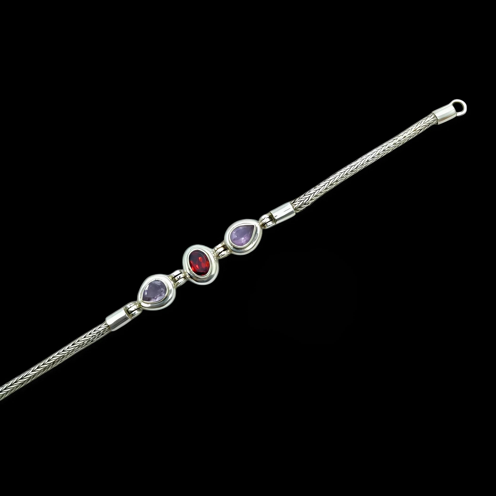 Amethyst and garnet gemstone bracelet crafted from 925 silver with black oxide finishing