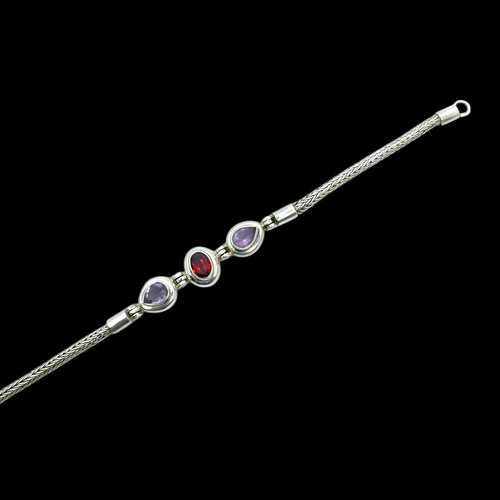 Amethyst and garnet gemstone bracelet crafted from 925 silver with black oxide finishing